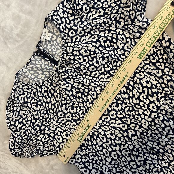 J Crew Midi Dress Womens Medium Blue White Leopard Print Puff Sleeve Tiered Boho - Picture 9 of 13